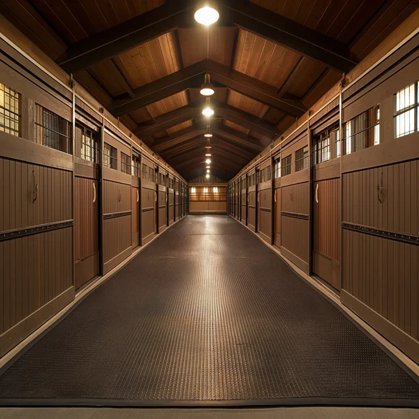 Black textured rubber matting in a horse stable.