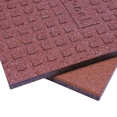 Close-up of textured reddish-brown rubber floor tiles