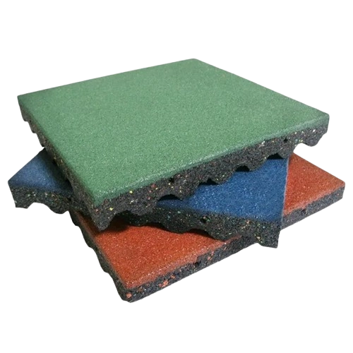 Stacked green, blue, and red rubber playground tiles