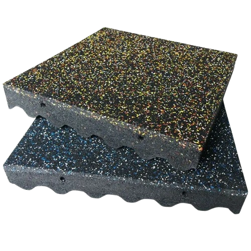 Stacked speckled rubber flooring tiles