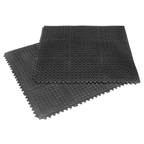 Two interlocking black diamond-plate floor tiles