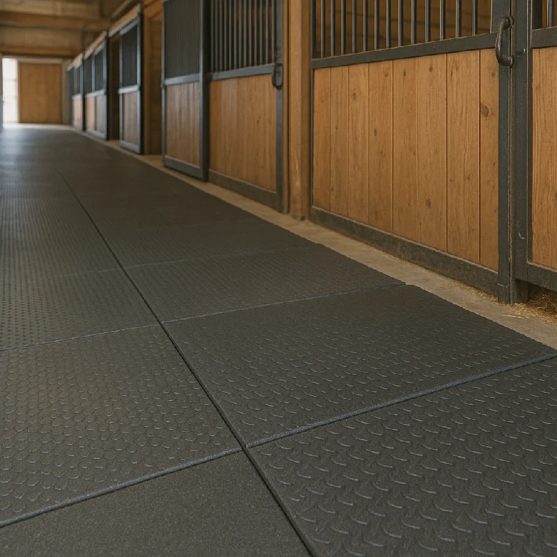 extured black rubber tiles with a raised coin-top pattern.