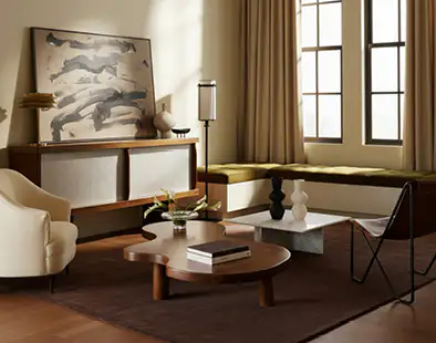 Modern living room with abstract art and minimalist furniture