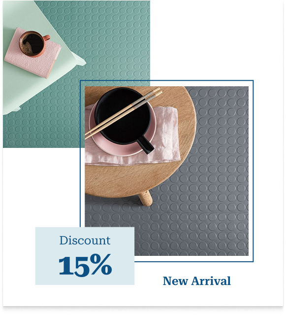 Grey circular pattern rubber flooring with discount 15% text